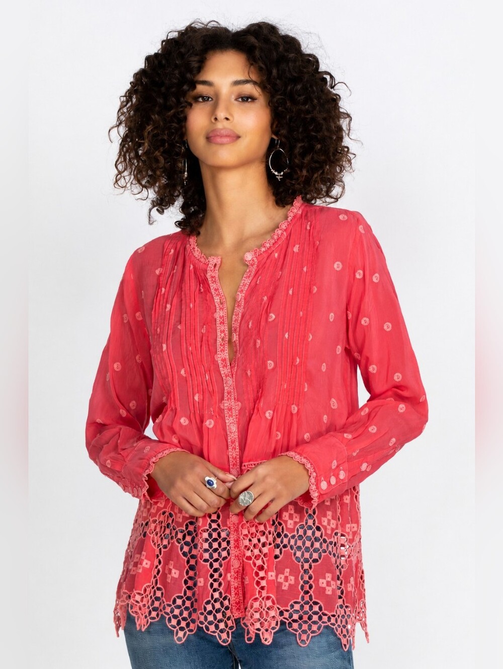 Johnny Was Baez Phaedra Blouse Passion Fruit Pink Embroidered Boho Tunic Large